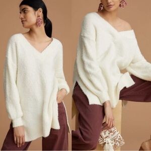 Anthropologie Pilcro Teddy V-Neck Oversized Tunic Sweater Ivory Boho